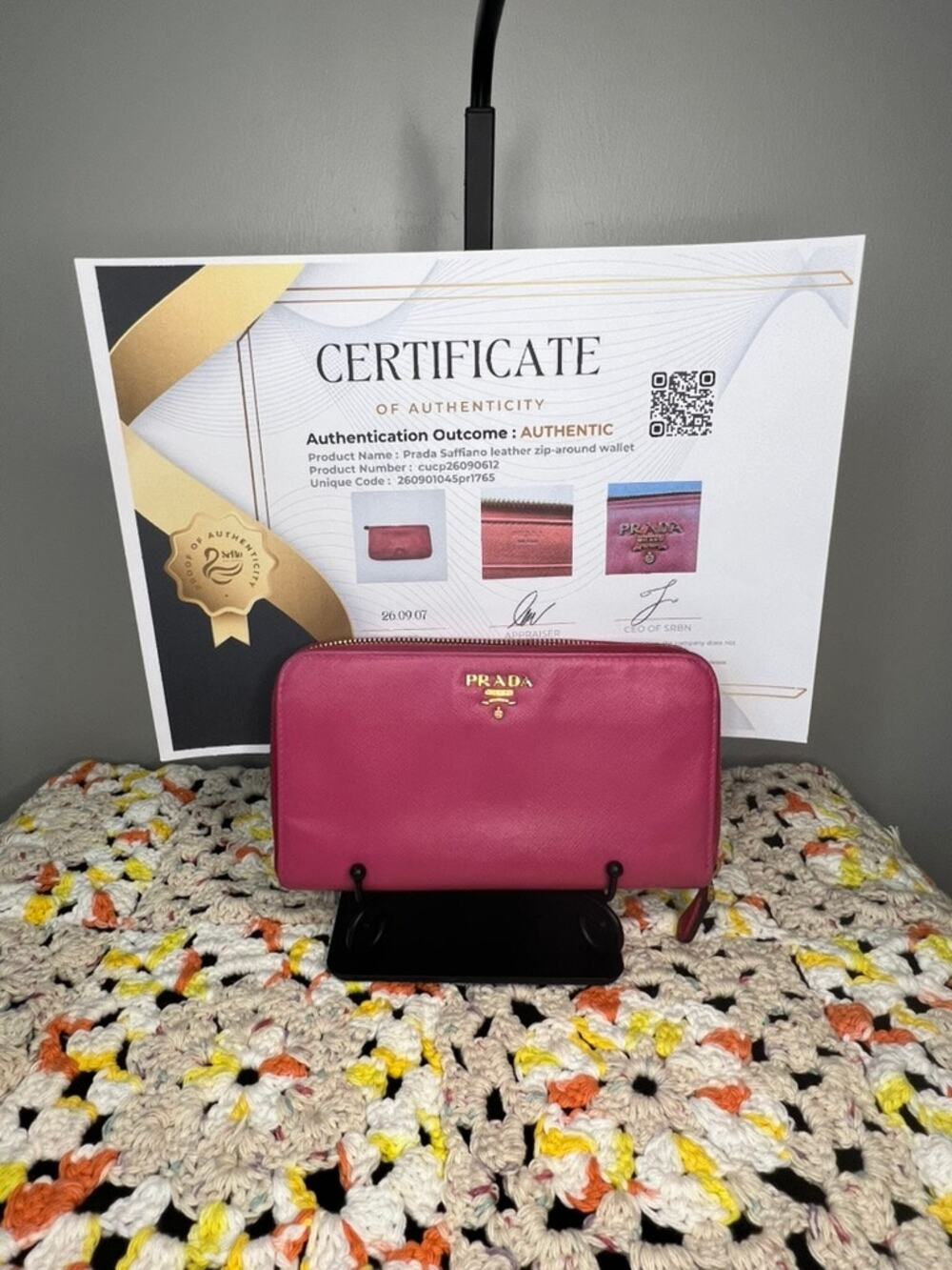 Prada Saffiano Leather Pink Zip Around Continental Wallet Gold Logo